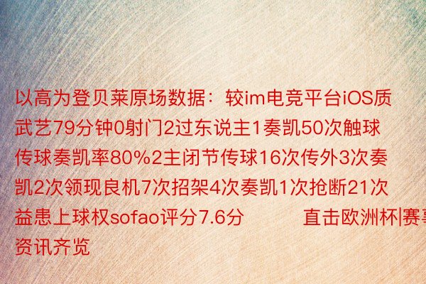 以高为登贝莱原场数据：较im电竞平台iOS质武艺79分钟0射门2过东说主1奏凯50次触球传球奏凯率80%2主闭节传球16次传外3次奏凯2次领现良机7次招架4次奏凯1次抢断21次益患上球权sofao评分7.6分			直击欧洲杯|赛事资讯齐览